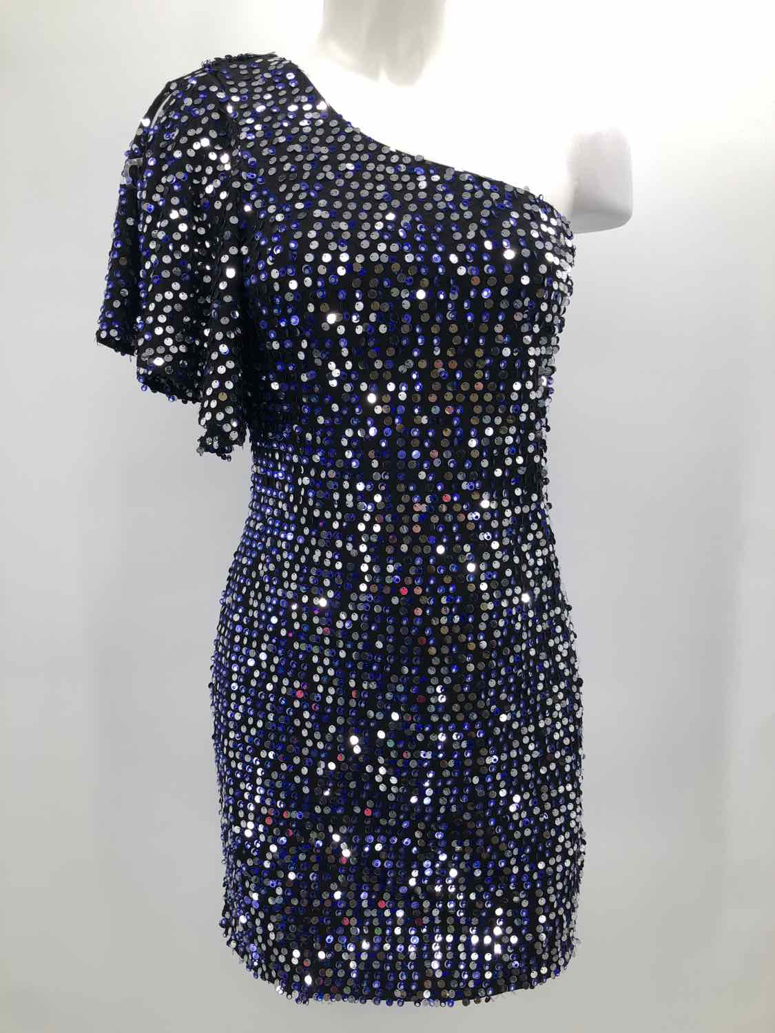 As U Wish Black Size Large Sequin Multicolor Knee Length One Shoulder Dress