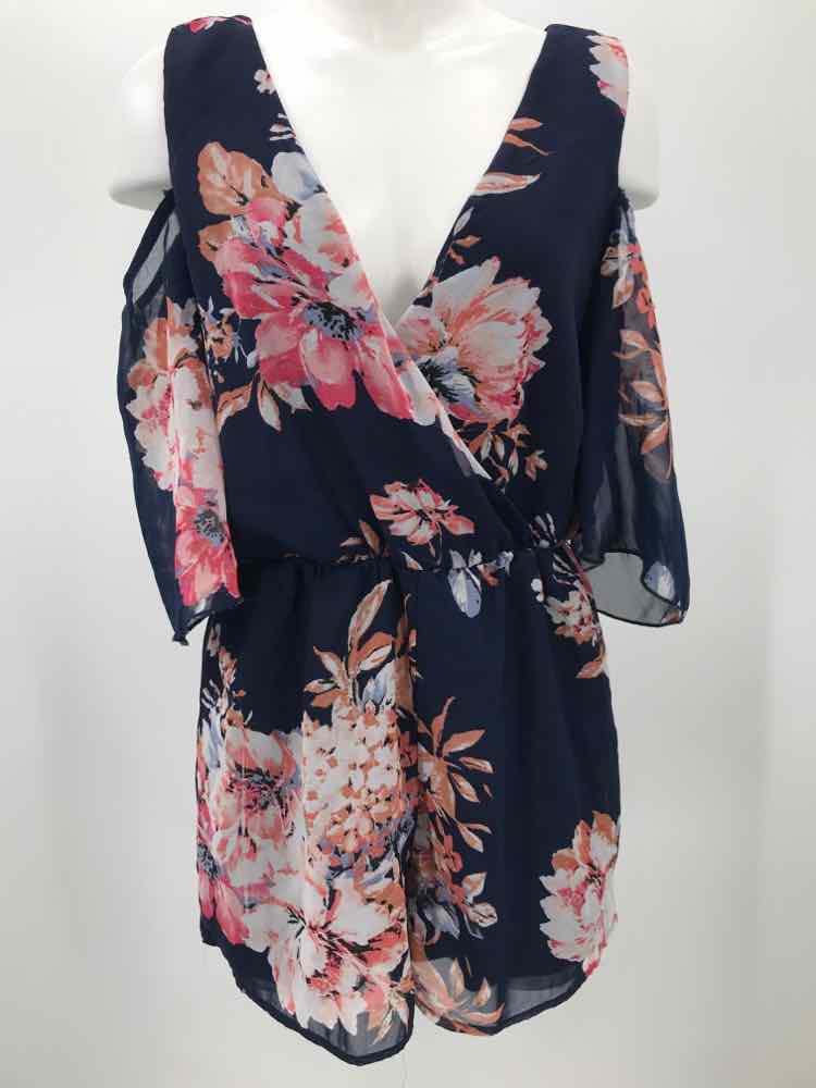 Bailey Blue Navy Size Medium Floral Open Shoulder Short Sleeve Romper