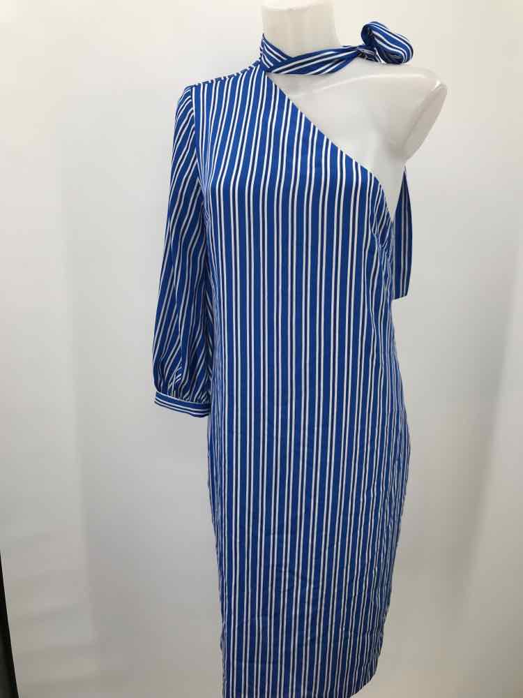 Banana Republic Blue Size 10P Stripe Long Sleeve Midi One Shoulder Dress