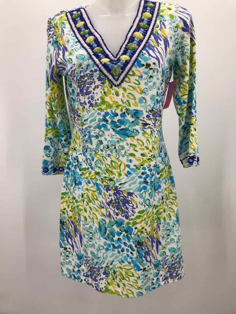 Barbara Gerwit Blue Size Medium Printed Beaded Short Long Sleeve Dress