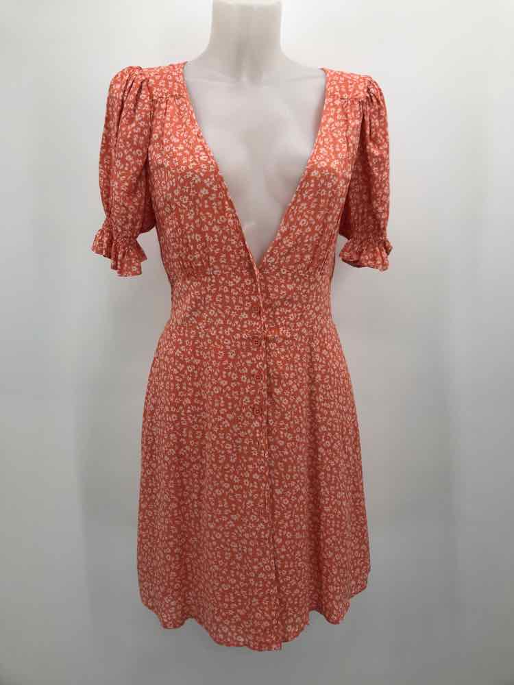 BB Dakota Orange Size 4 Polyester Floral Button Down Short Sleeve Dress