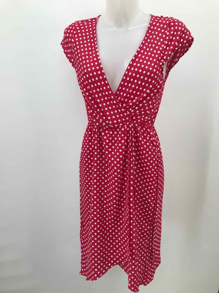 BCBG Red Size XS Polyester Polka Dot Midi Short Sleeve Dress