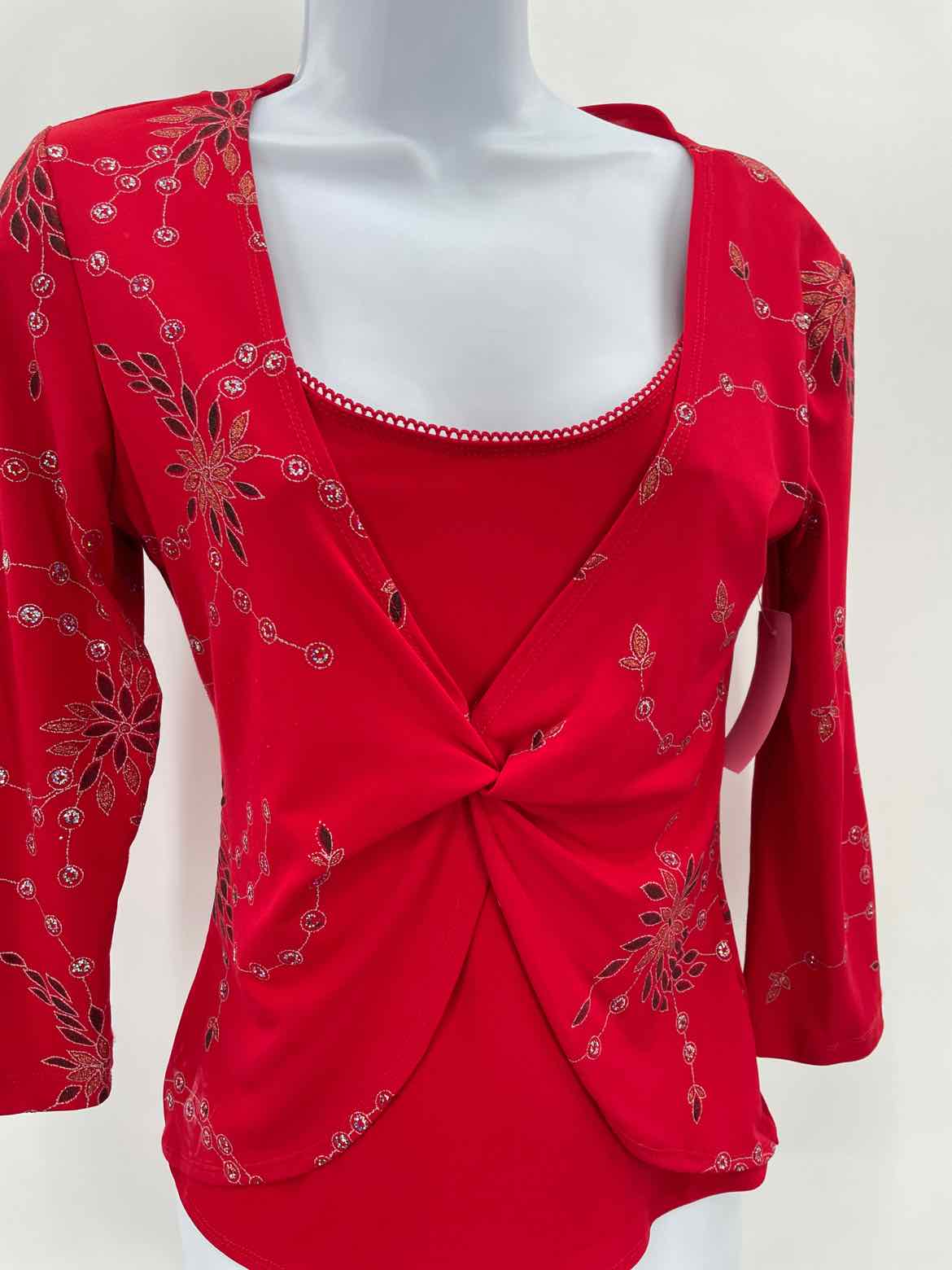 BCX Red Size Large Sequin Long Sleeve Blouse