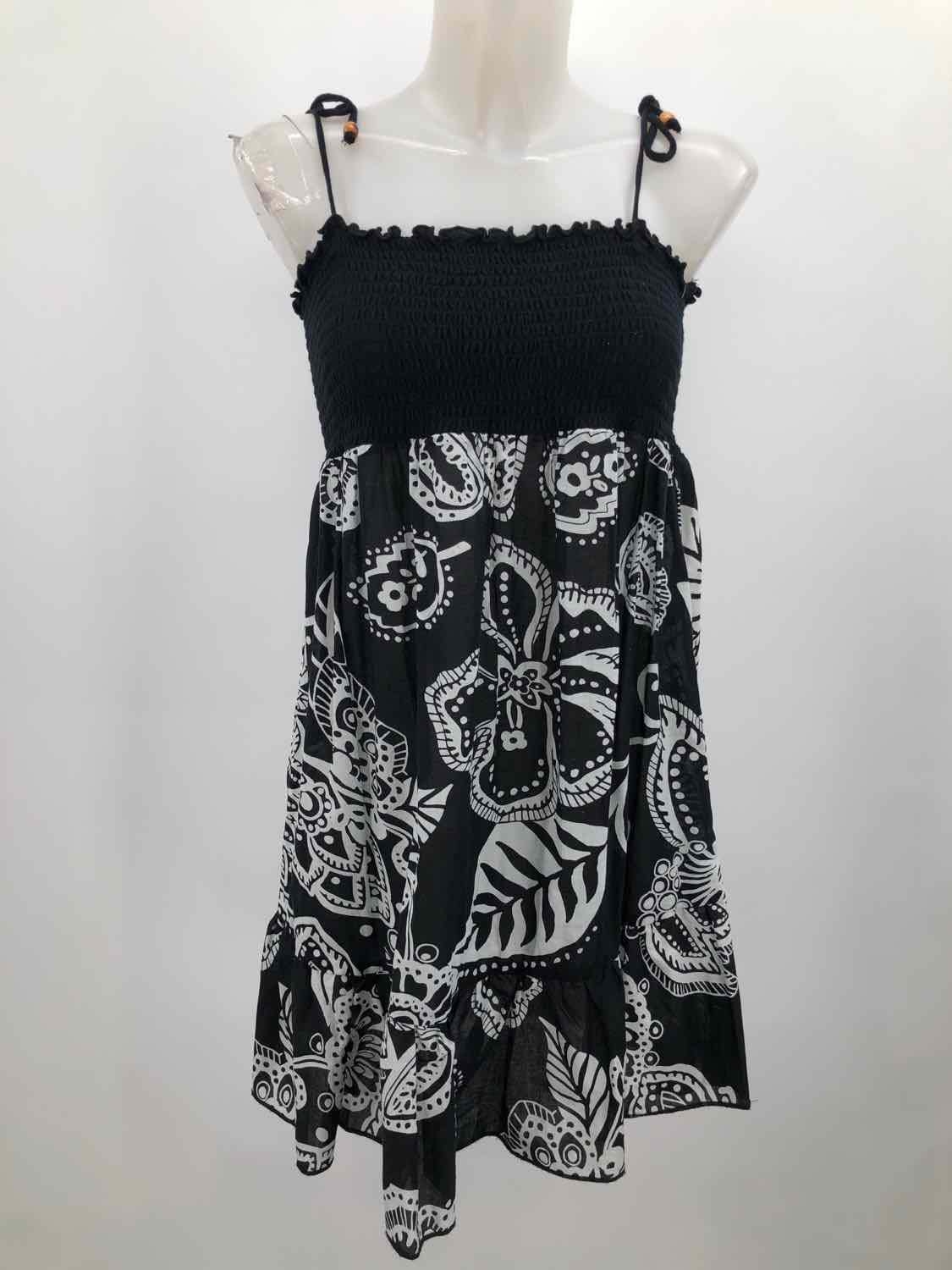 Beach Star Black Size Large Cotton Floral Rouche Short Sleeveless Dress