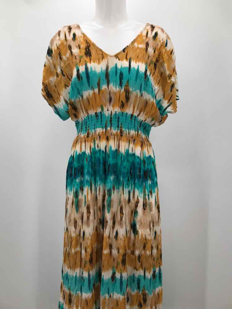 Bebop Green Size Large Printed Ruched Waist Midi Short Sleeve Dress