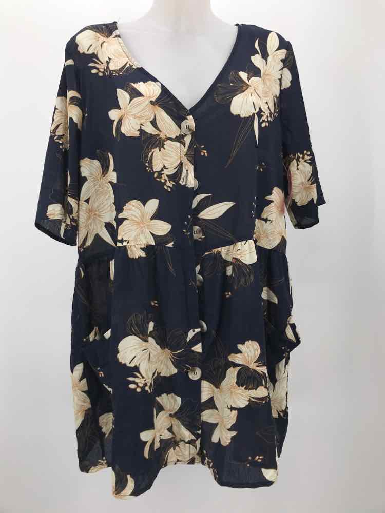 Belongsci Navy Size Large Floral Short Button Down Dress