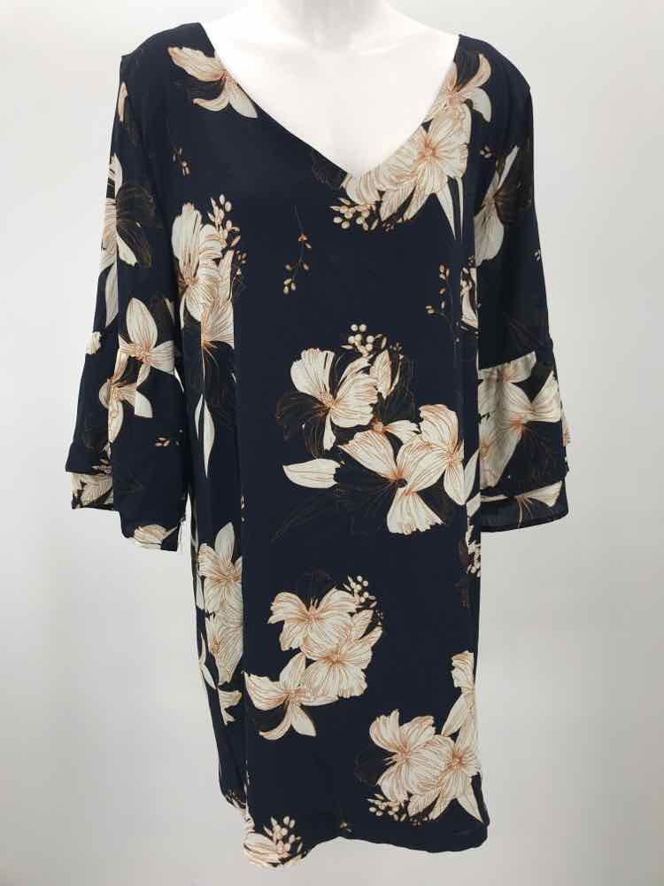 Belongsei Navy Size XL Floral Bell Sleeve Short Long Sleeve Dress