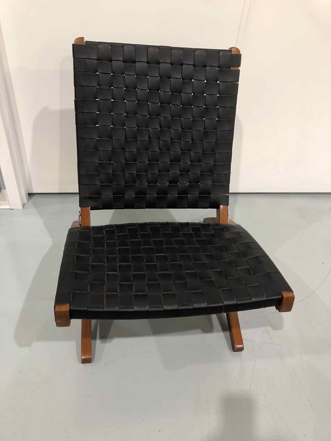 Black Braided Leather and Wood Folding Lounge Chair