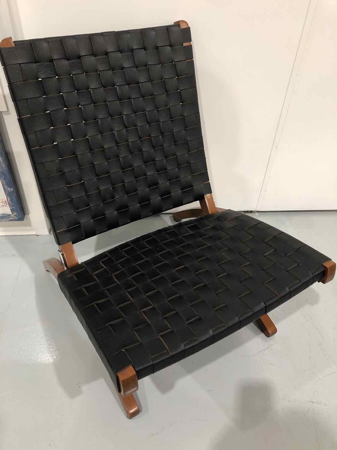 Black Braided Leather and Wood Folding Lounge Chair