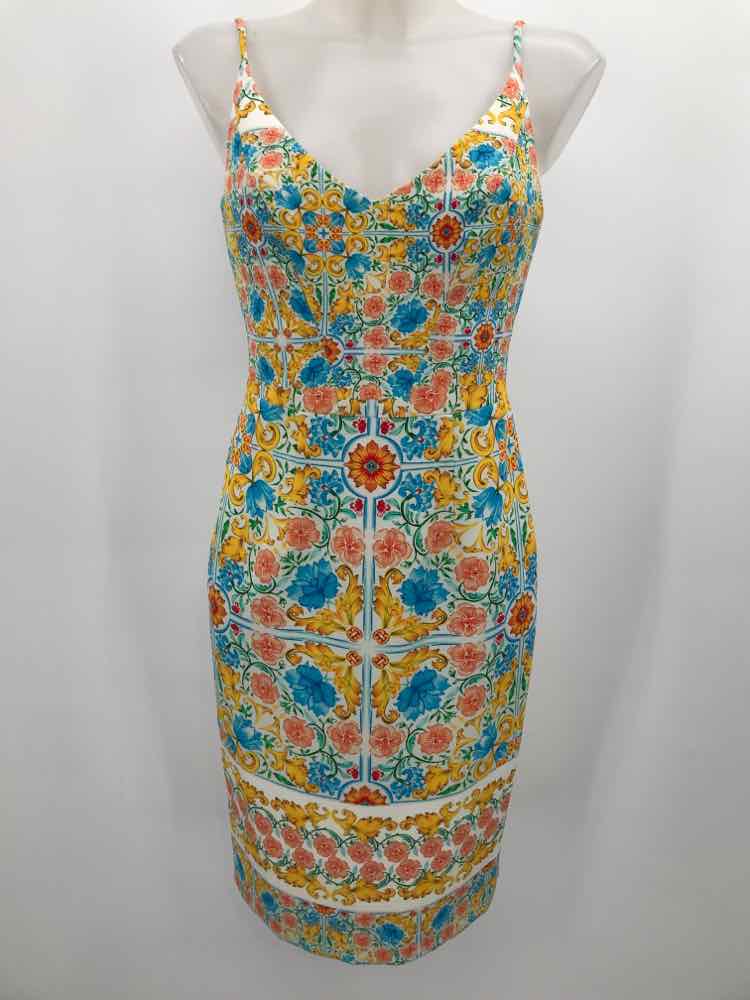 Black Halo Yellow Size 2 Printed Sheath Knee Length Sleeveless Dress