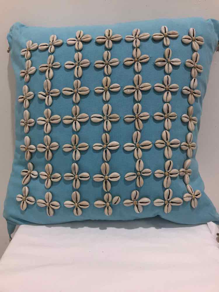 Blue Down Filled Shell Embelished Fabric Pillow