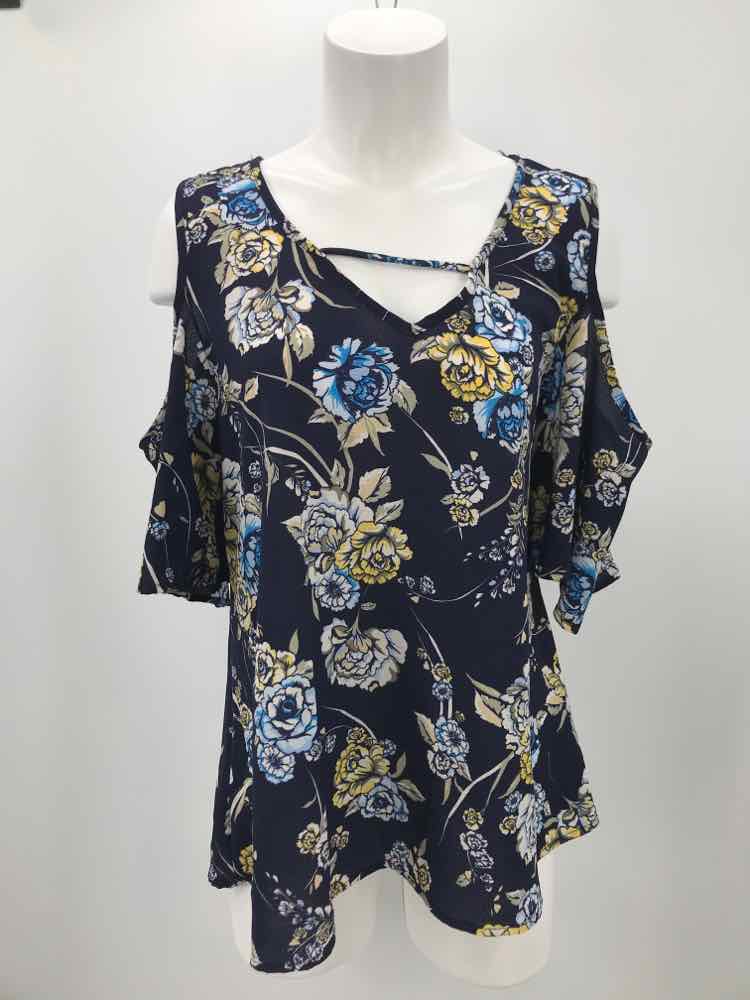 Blue Rain Navy Size Large Floral Open Shoulder Long Sleeve Blouse