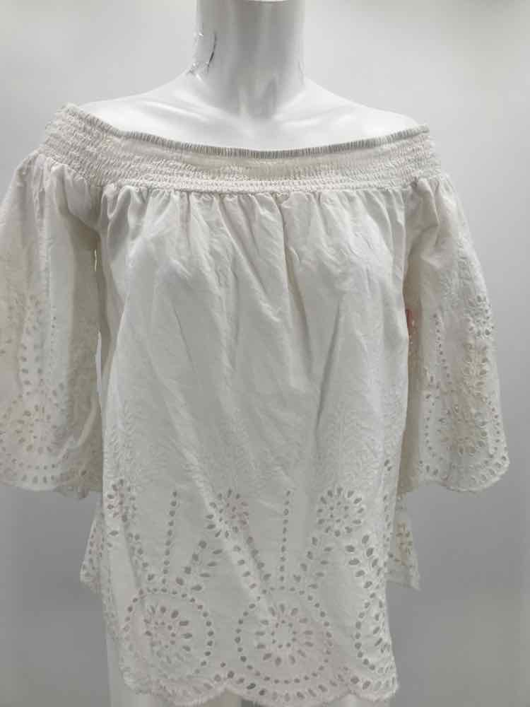 Blue Rain White Size Small Cotton Crochet Open Shoulder Blouse