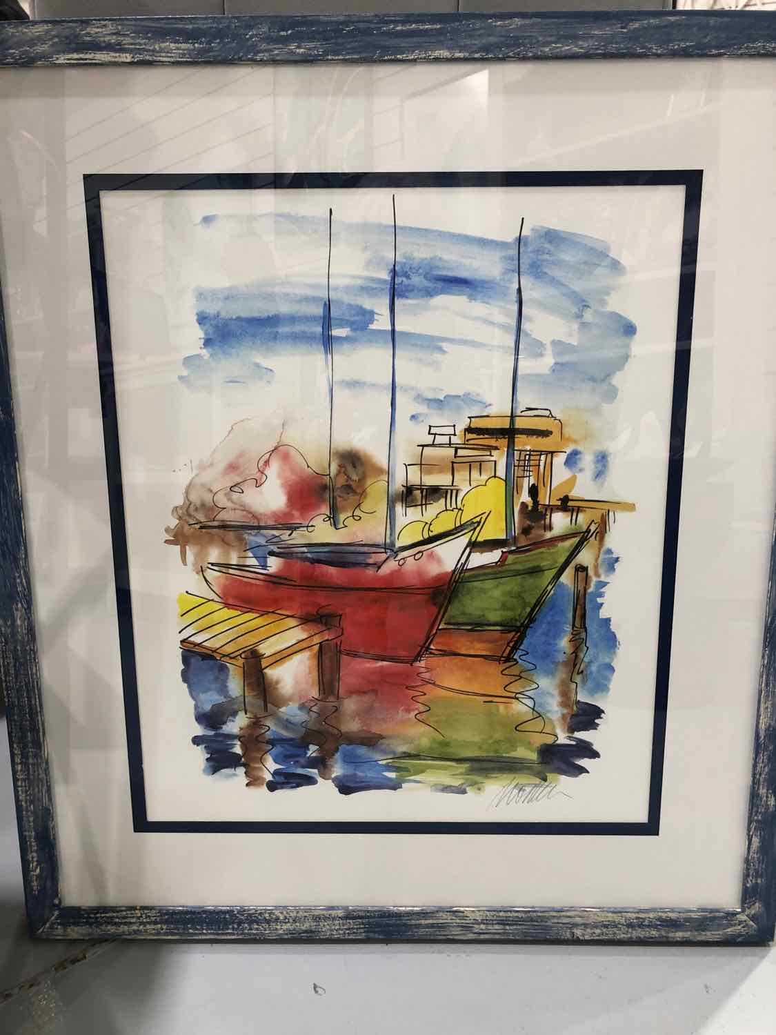 Blue Sails Closed Boat Watercolor Signed Art Work