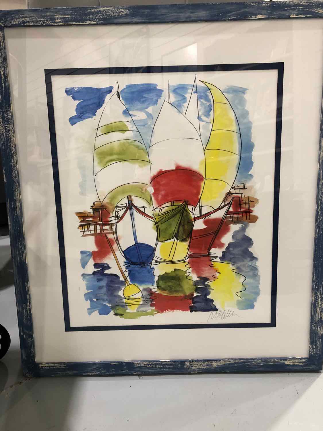 Blue Sails Open Boat Watercolor Signed Art Work