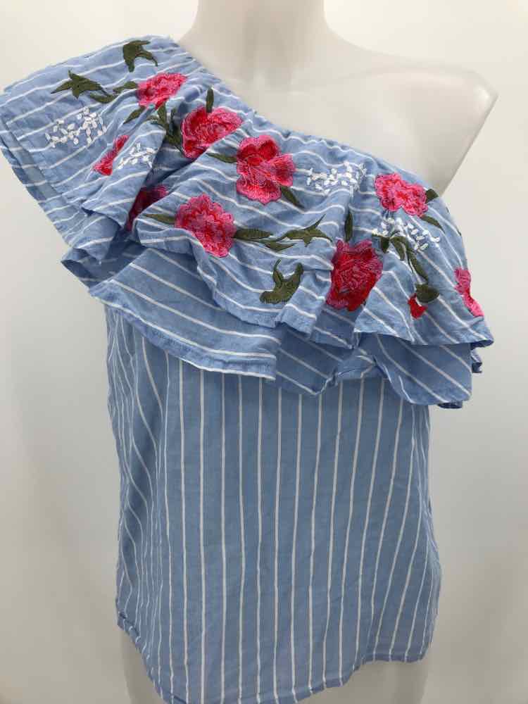 Blue Size XS Stripe Flower One Shoulder Tank