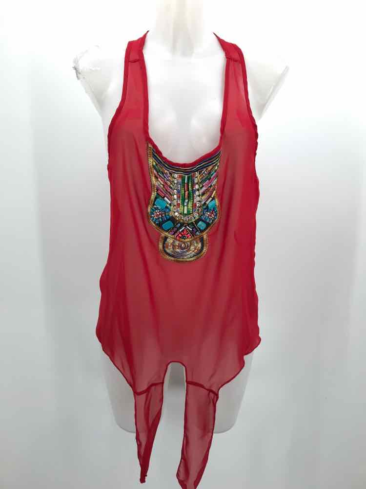 Blue Sketch Red Size Medium Polyester Beaded Front Tie Tank Top