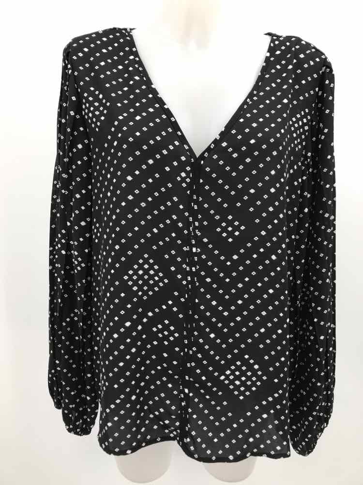 Bobeau Black Size Large Polyester Diamond Long Sleeve Blouse