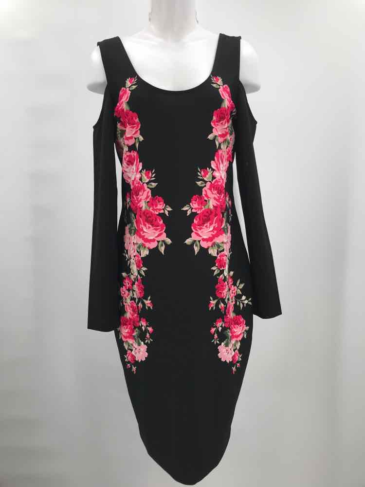 Bold Elements Black Size Large Flowers Knee Length Long Sleeve Dress