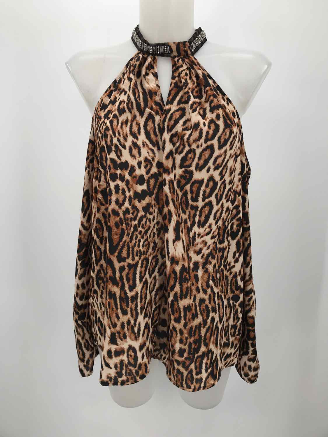 Bold Elements Brown Size Large Animal Print Long Sleeve Open Shoulder Blouse