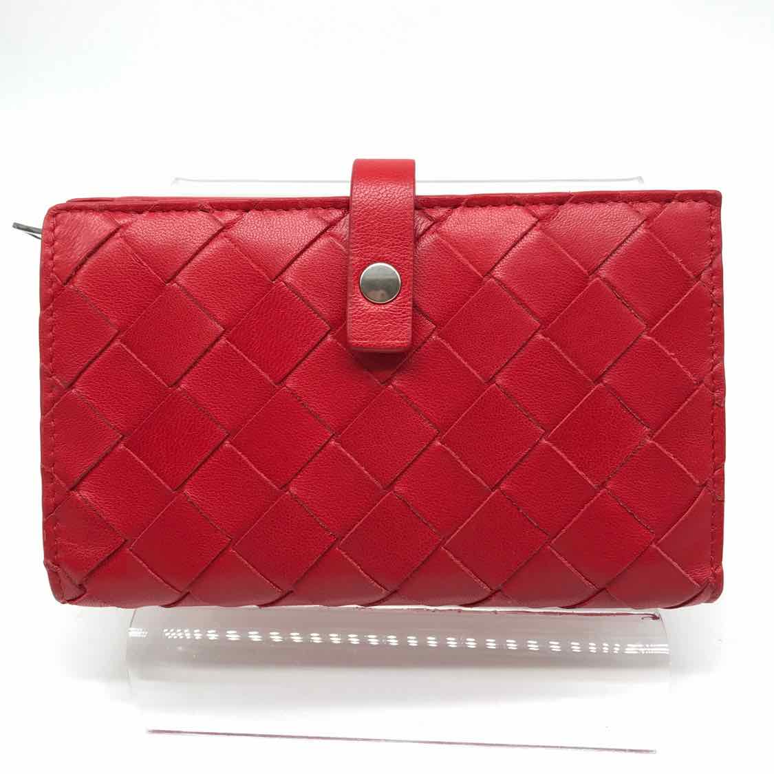 Bottega Veneta Red Leather Intrecciato Weave Wallet Clasp Wallet