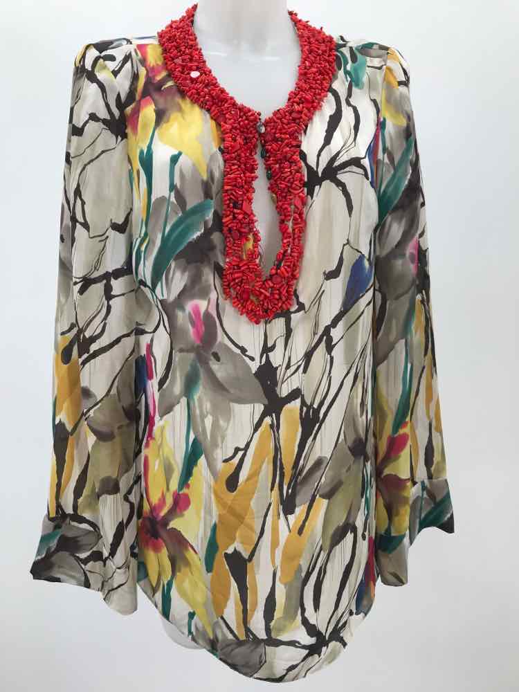 Bottega Veneta Tan Size Large Silk Printed Beaded Tunic