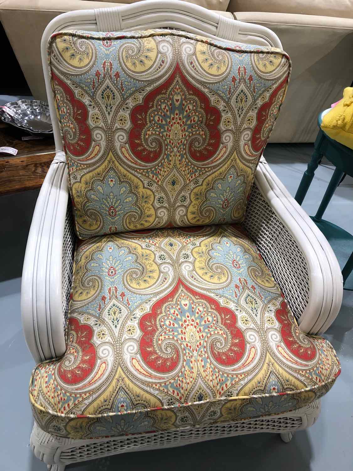 Braxton Culler White Wicker Living Room Chair With Paisley Uphosltery