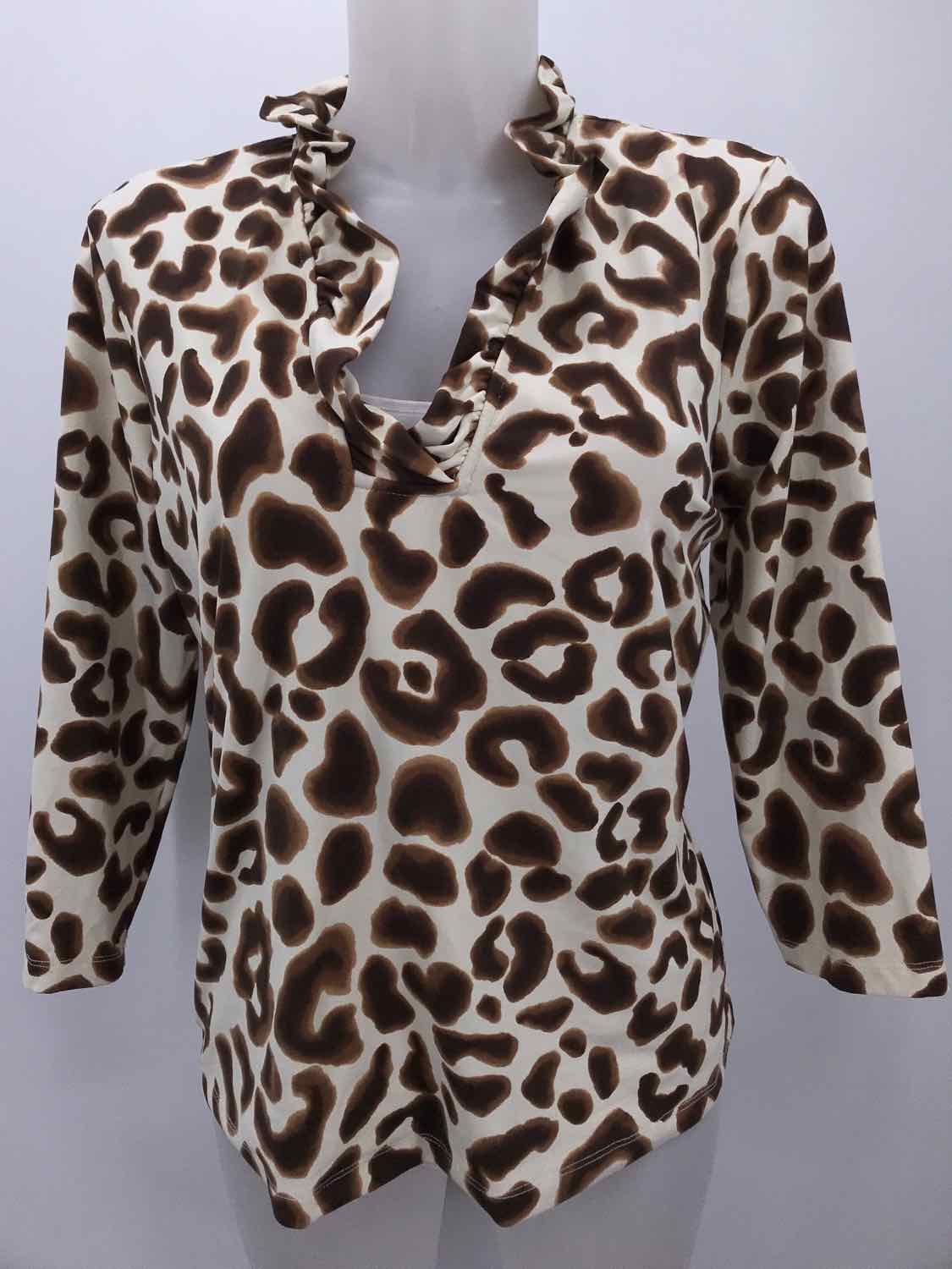 Brown Size Medium Animal Print Ruffle Collar Long Sleeve Blouse