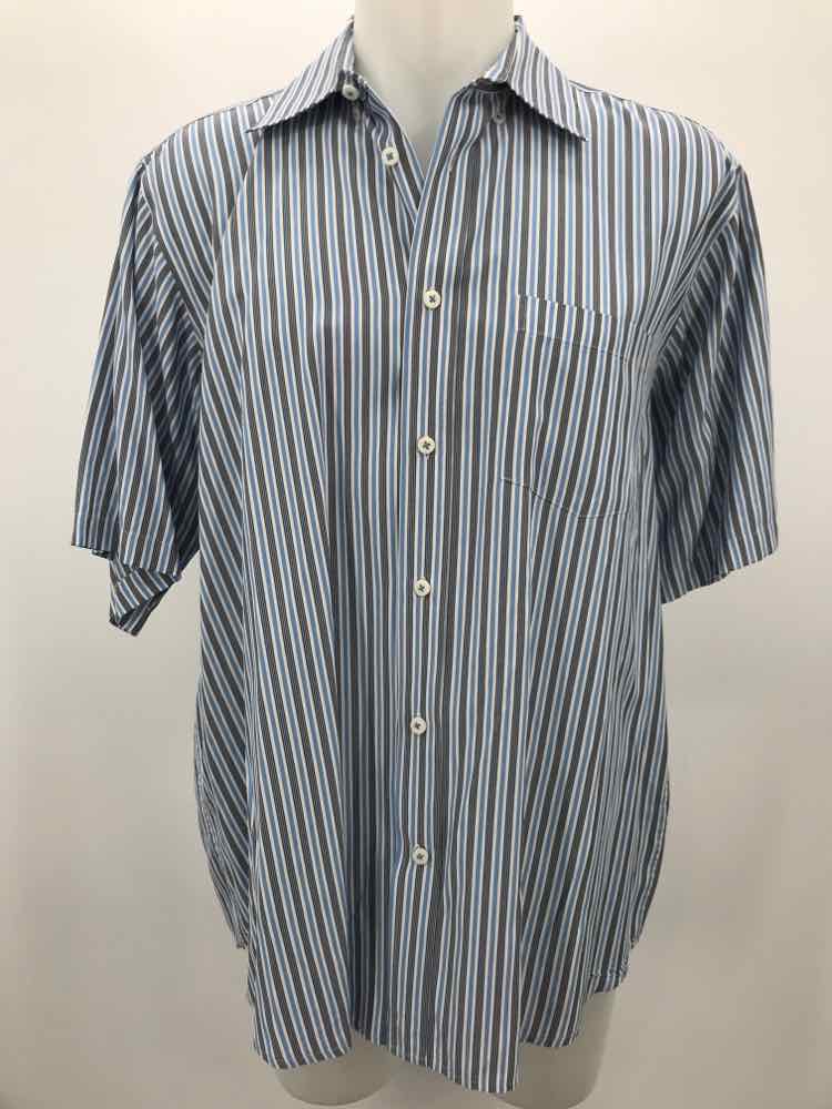 Bugatchi Blue XL Stripe Short Sleeve Men's Button Down