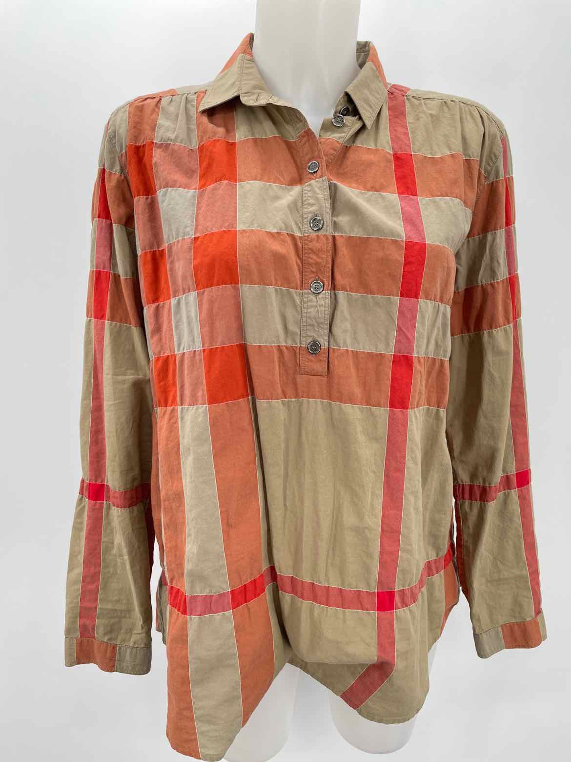 Burberry Tan Size Small Check Print Button Down Long Sleeve Blouse