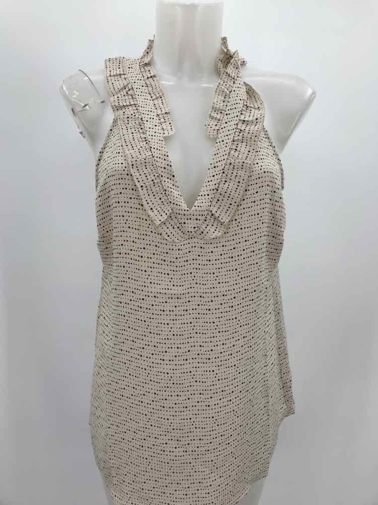 Cabi Ivory Size Small Polyester Printed Ruffle Collar Sleeveless Top