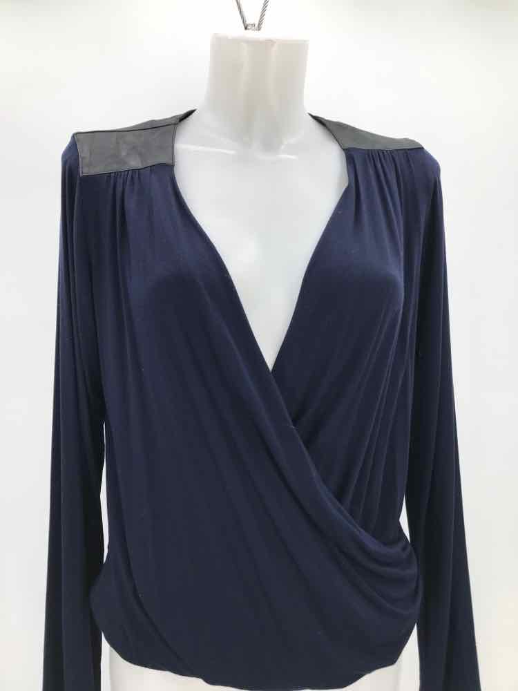 Cabi Navy Size Small Draped Faux Leather Detail Long Sleeve Blouse