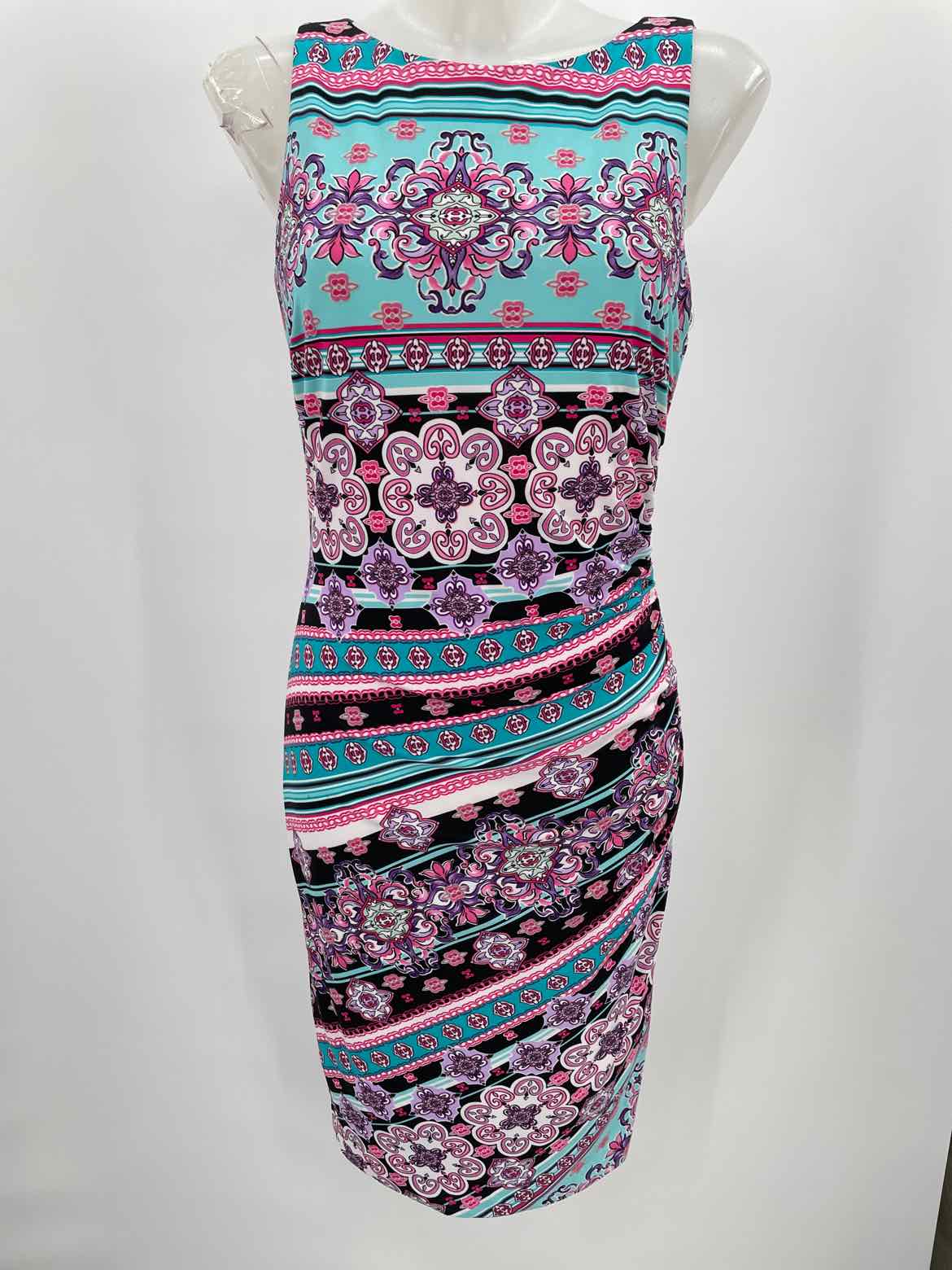 Cache Blue Multi Print Ruched Midi Sleeveless Dress