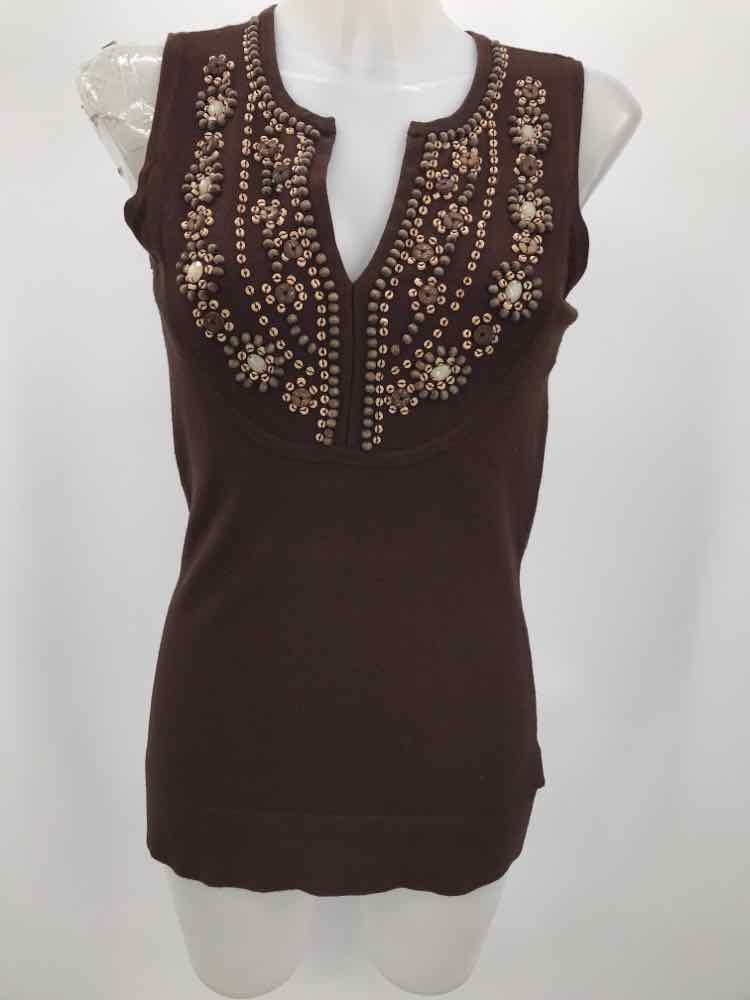 Cache Brown Size XS Beaded Sleeveless Knit Top