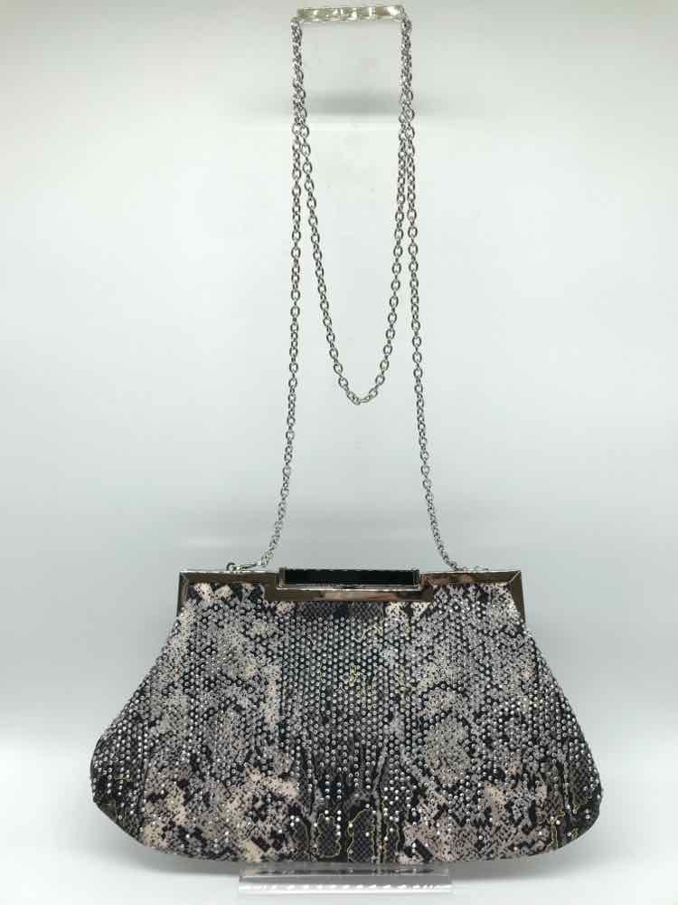 Cache Grey Snake Grain Rhinestone Clutch