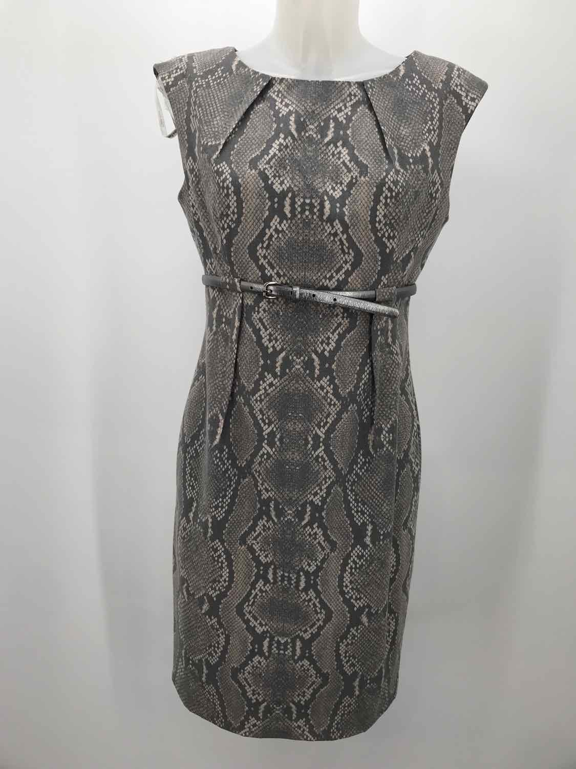 Calvin Klein Grey Size 6 Snake Print Belted Knee Length Sleeveless Dress