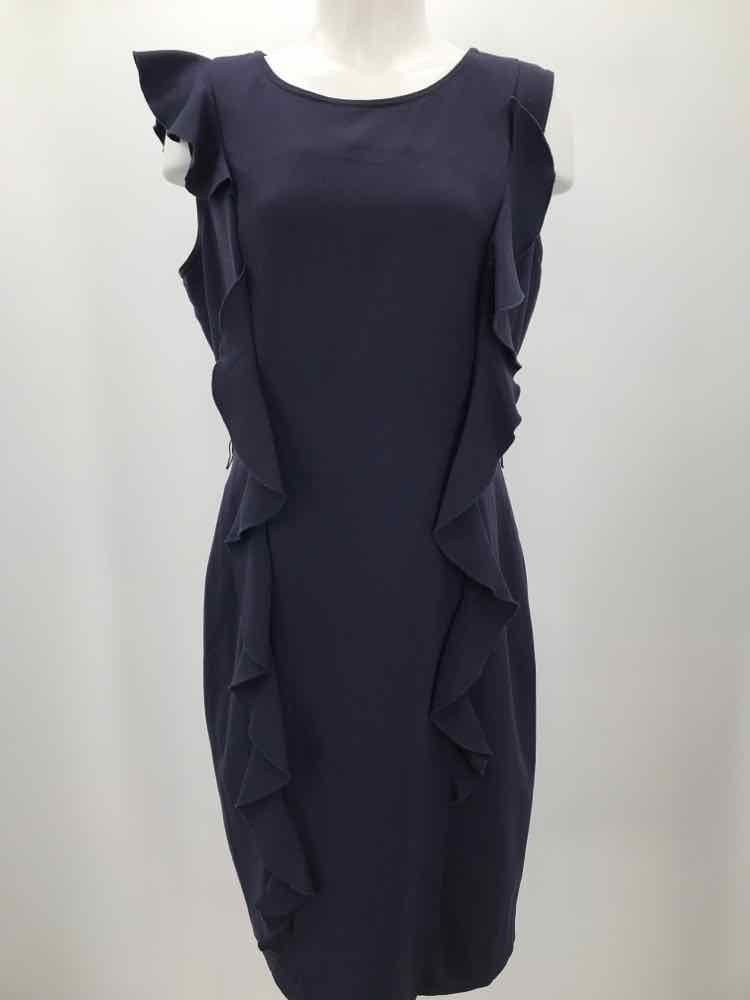 Calvin Klein Navy Size 12 Ruffle Knee Length Sleeveless Dress