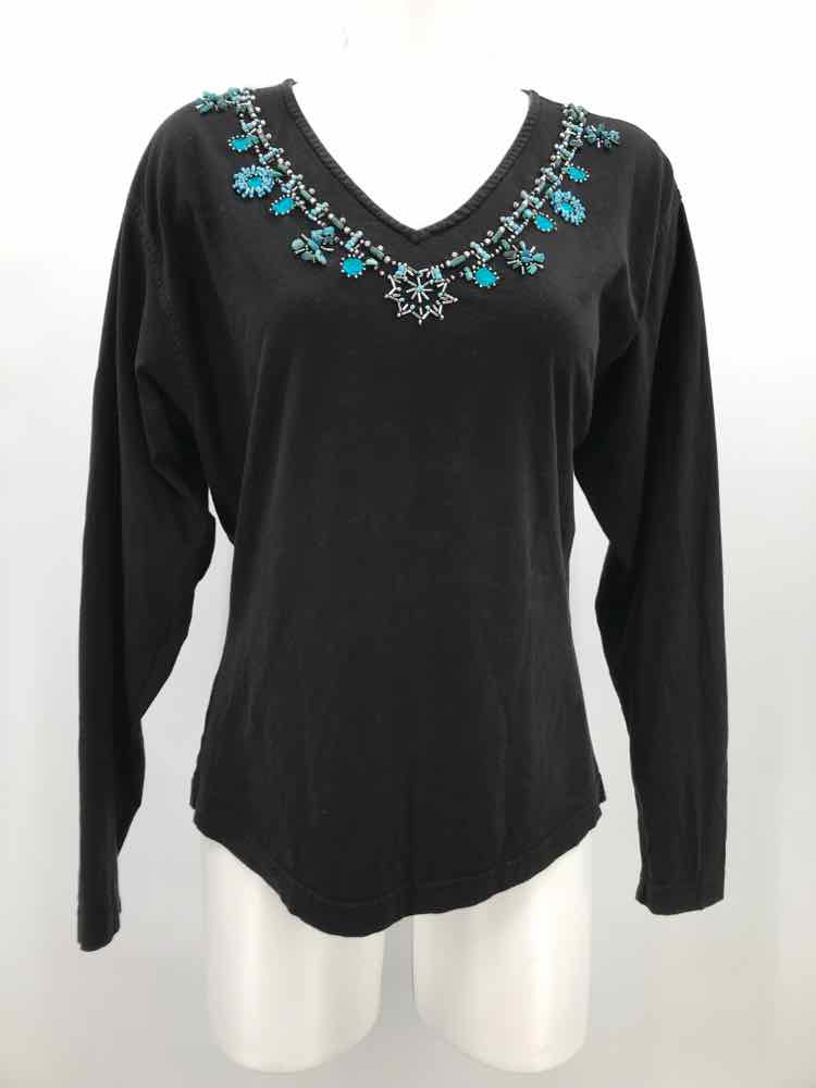 Carole Little Black Size XL Cotton Beaded Long Sleeve Blouse