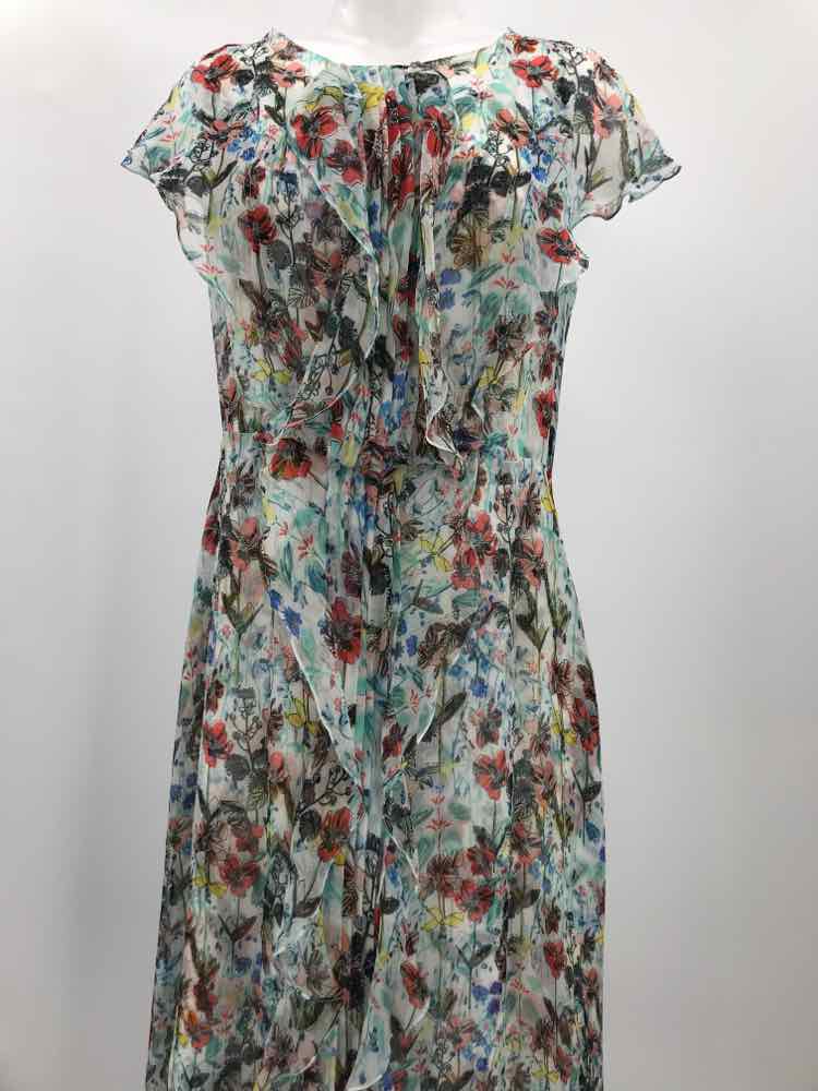 Carolina Herrera Blue Size 10 Silk Floral Ruffle Midi Short Sleeve Dress