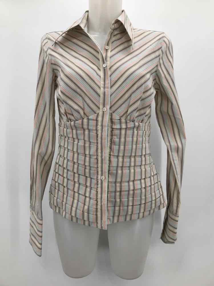 Catherine Malandrino Tan Size Medium Stripe Ruched Button Down