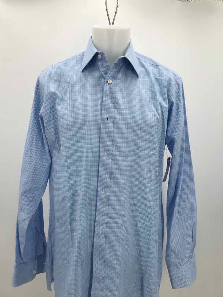 Charvet Blue Large Cotton Check Print Long Sleeve Men's Button Down