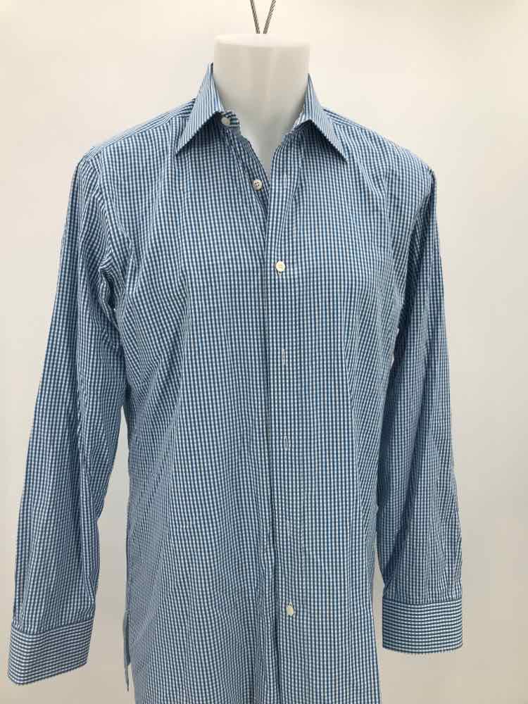 Charvet Blue Large Cotton Check Print Long Sleeve Men's Button Down