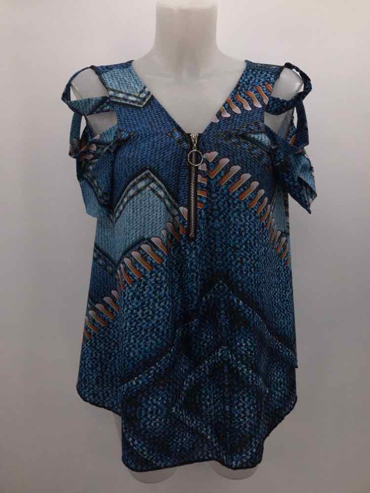 Chic Me Blue Size Large Printed Zip Front Blouse