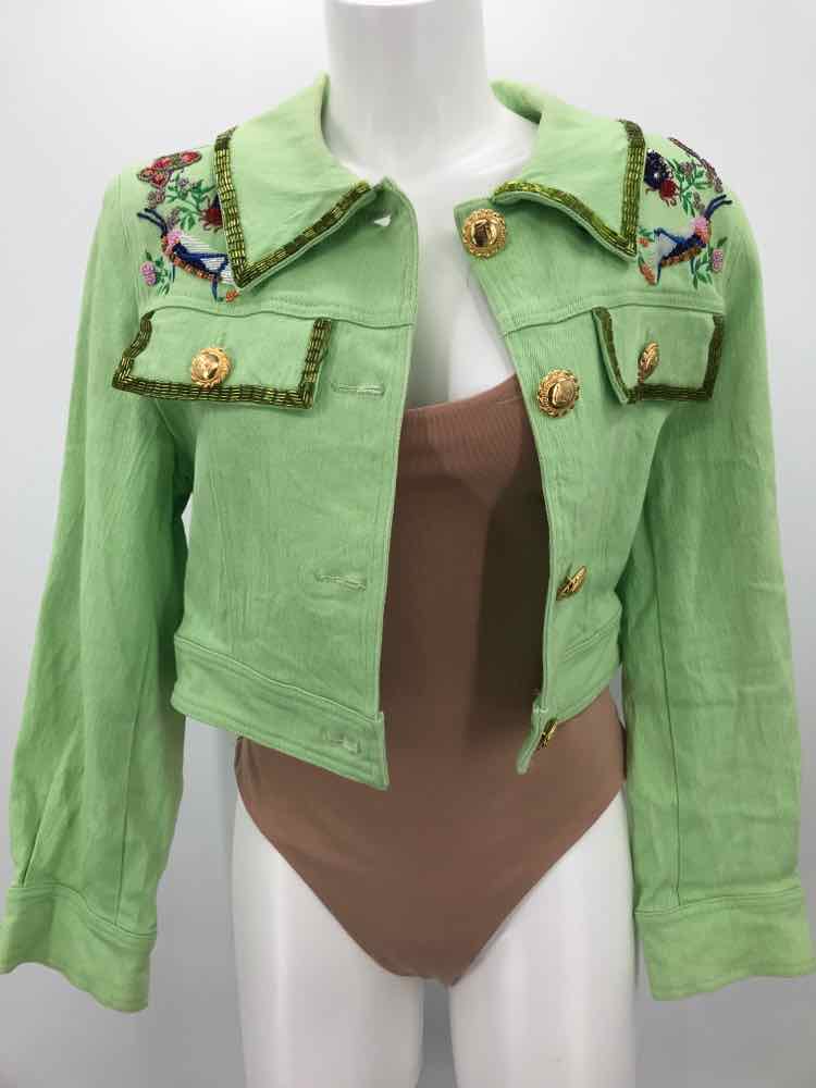 Christian Linares Green Size 6 Embroidered Cropped Jean Jacket