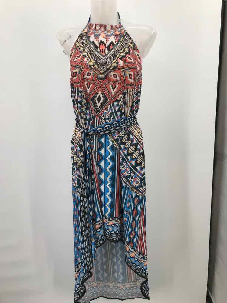 Christina Jacobs Blue Size Small Printed Hi-Low Halter Dress