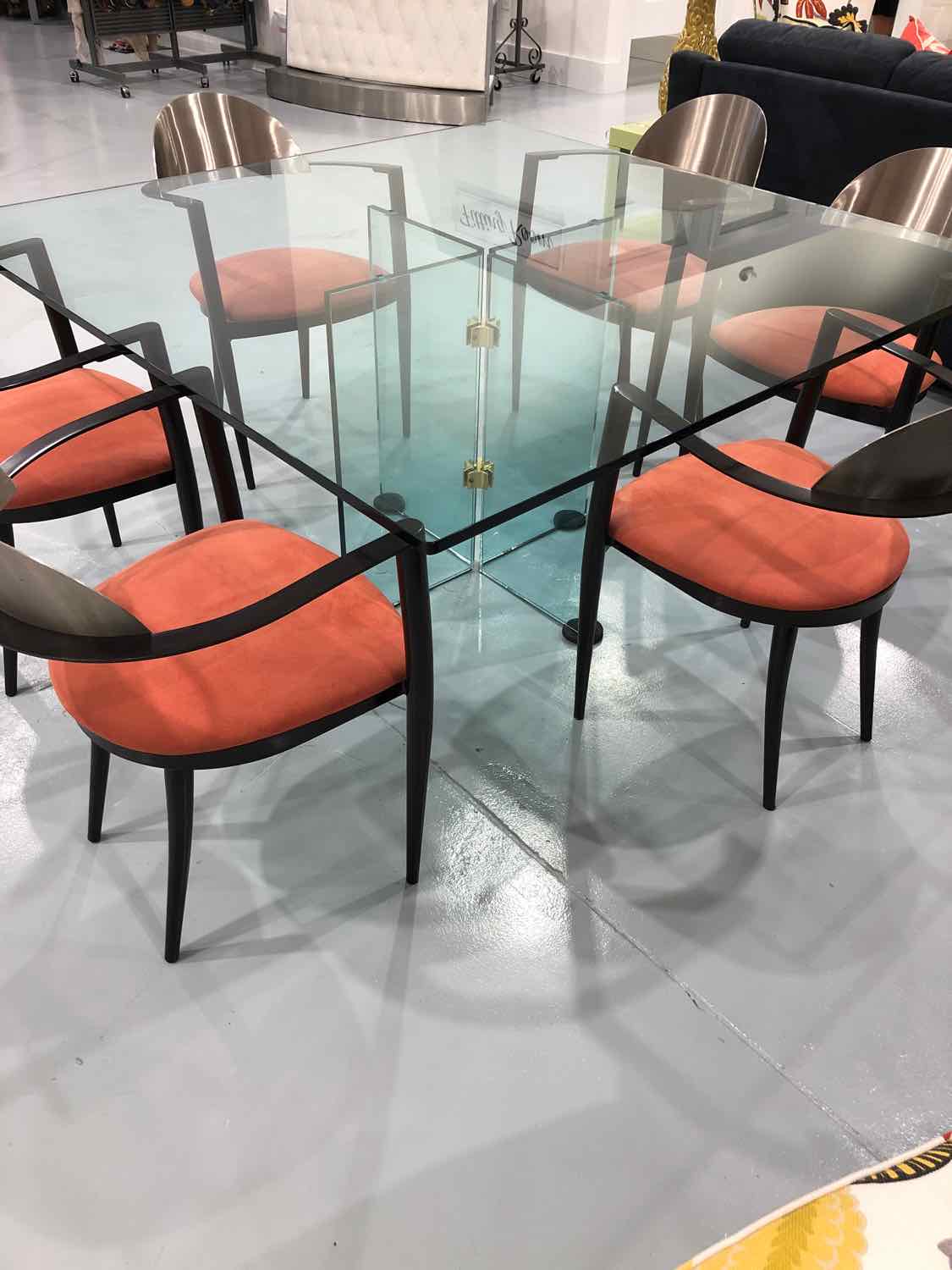 Clear Glass Square Dining Room Table with 6 Metal and Microfiber Rust Chairs