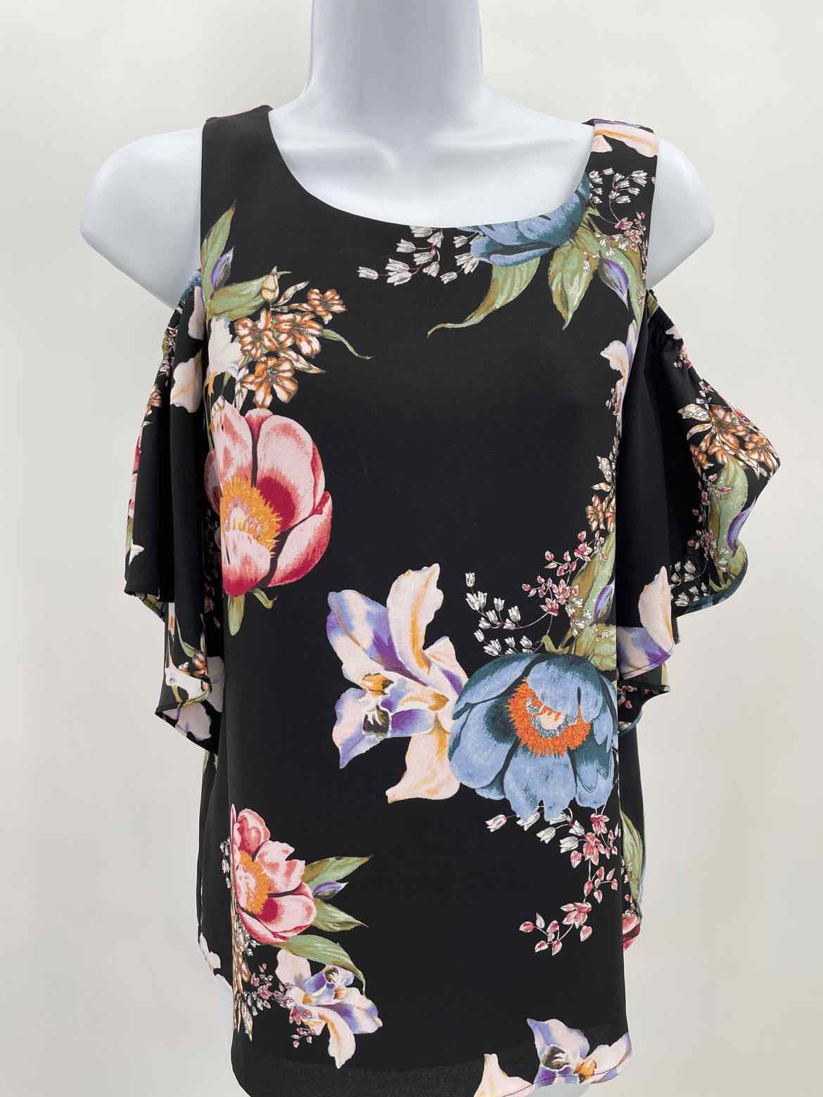 Cooper & Ella Black Size XS Floral Open Shoulder Blouse