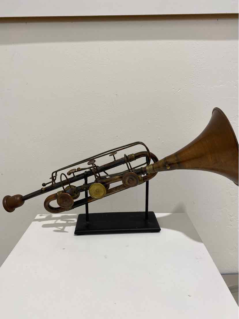 Copper Metal Trumpet on Stand Decorative Accessory