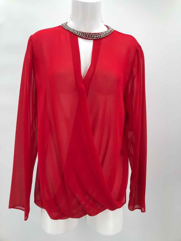 Cremieux Red Size Medium Crystal Neckline Long Sleeve Blouse