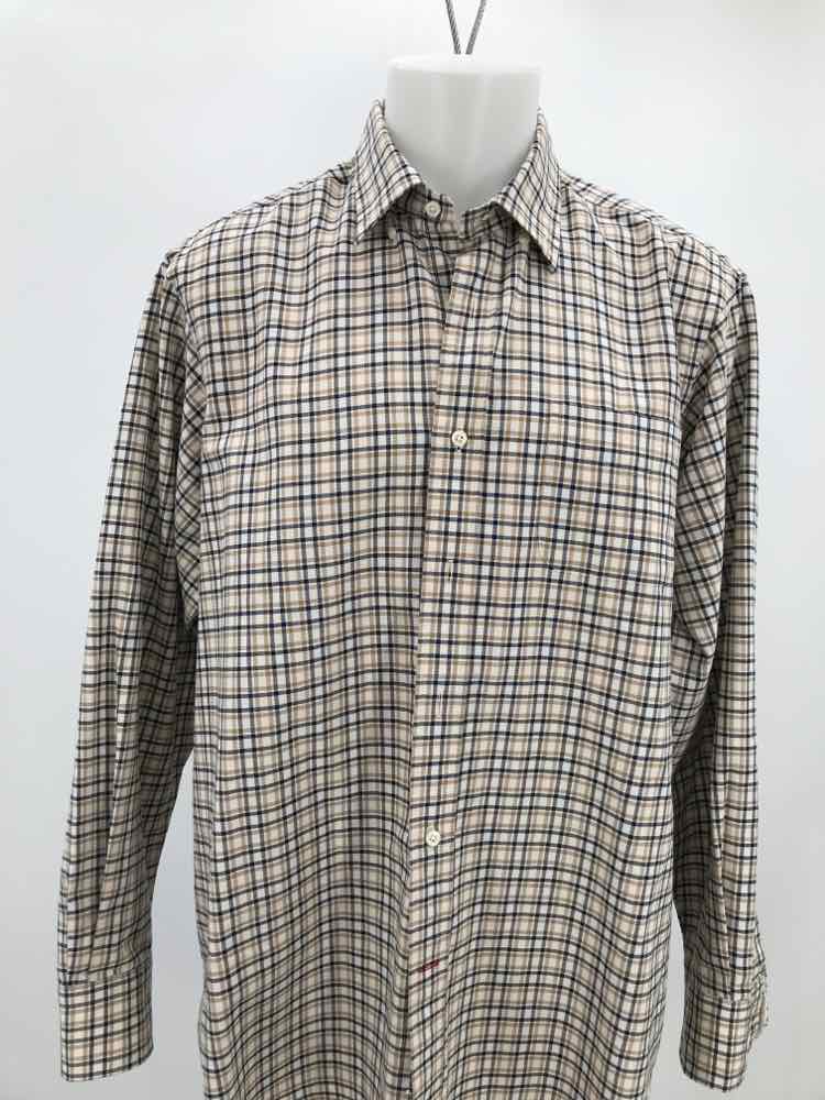 Cremieux Tan Large Cotton Check Print Long Sleeve Men's Button Down